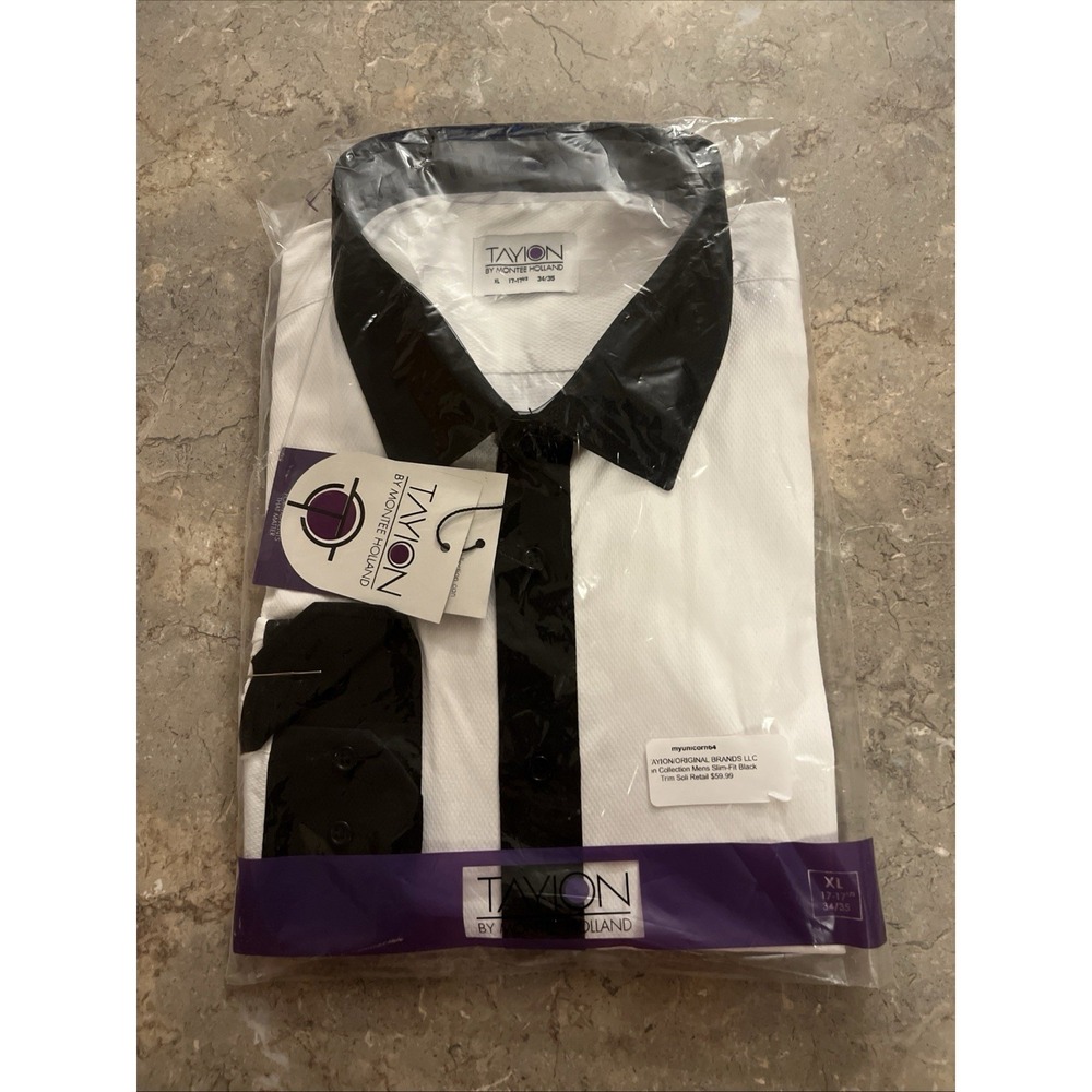 Tayion Collection Mens Slim Fit Black Trim Solid White Dress Shirt XL 17-17.5 34